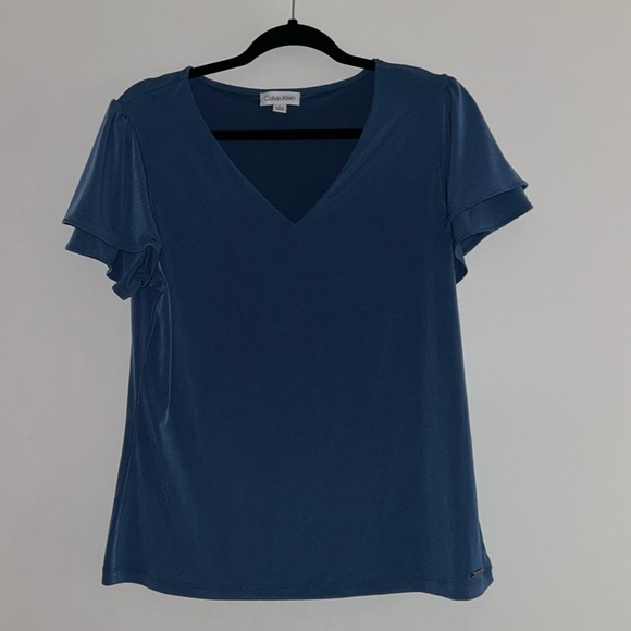 Calvin Klein Dress Shirt Blue V-Neck Blouse Large - Picture 1 of 7